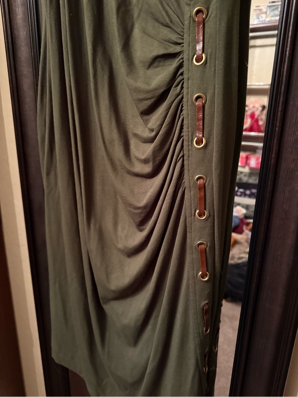 Carmen Marc Valvo Olive Green Ruched Wrap Dress XL - Picture 5 of 7